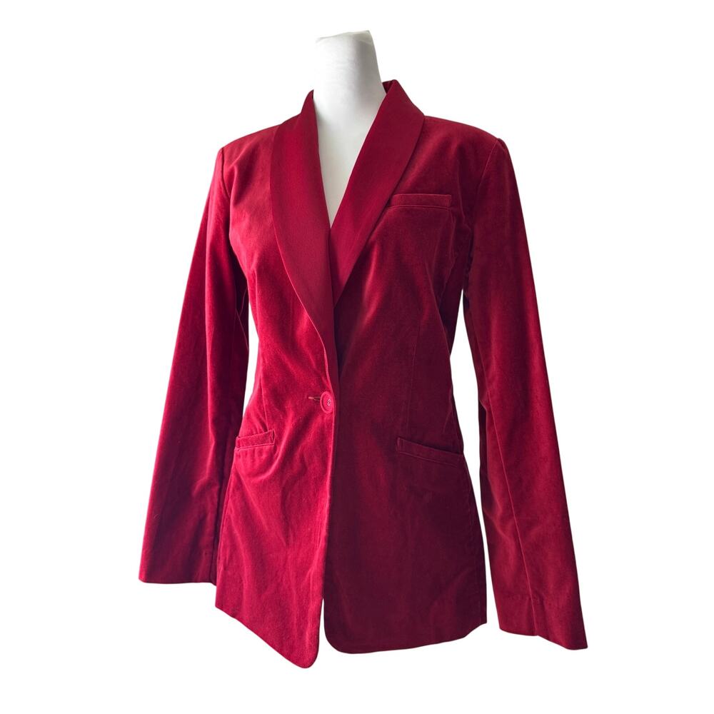 Cabi Red Velvet Shawl Lapel One Button Closure Single Breasted Blazer